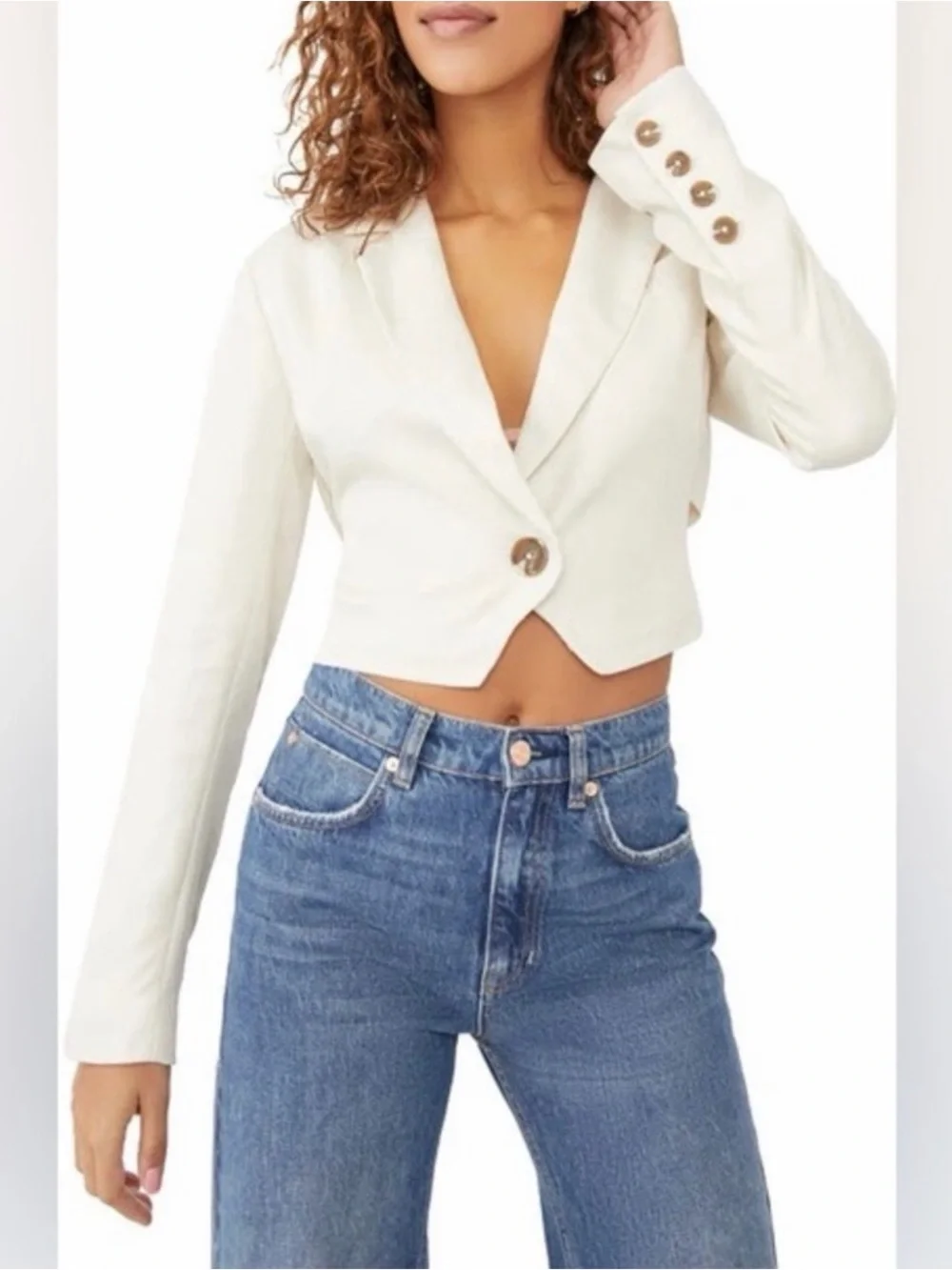 Cropped Lace-Up Got Your Back Linen Cream Jacket